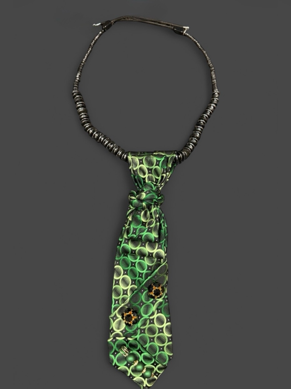 Handcrafted Green Silk Necktie Necklace Halloween Dark Academia Statement Jewel - Picture 6 of 14
